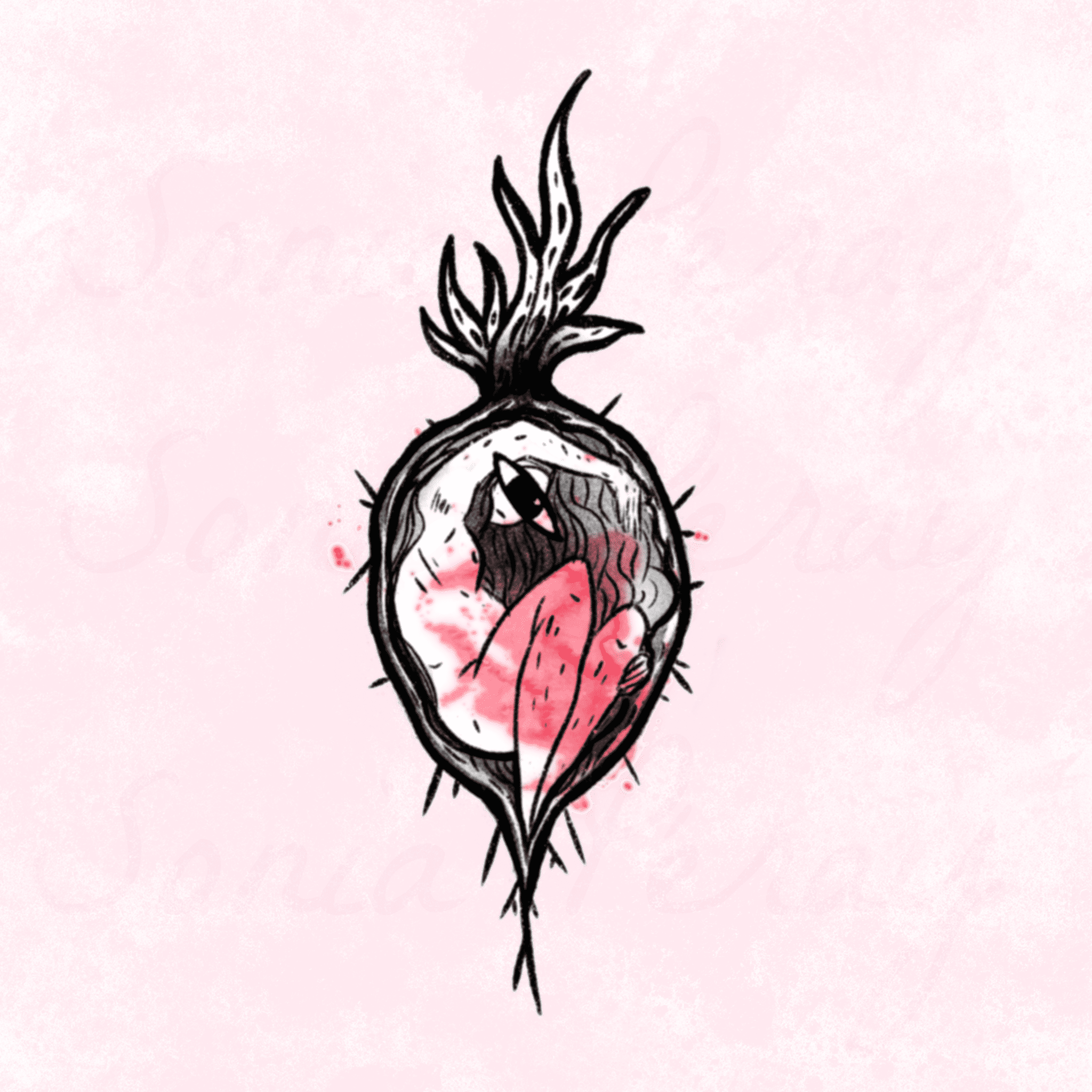 flash tattoo couleur petite cyclope dans une bettrave